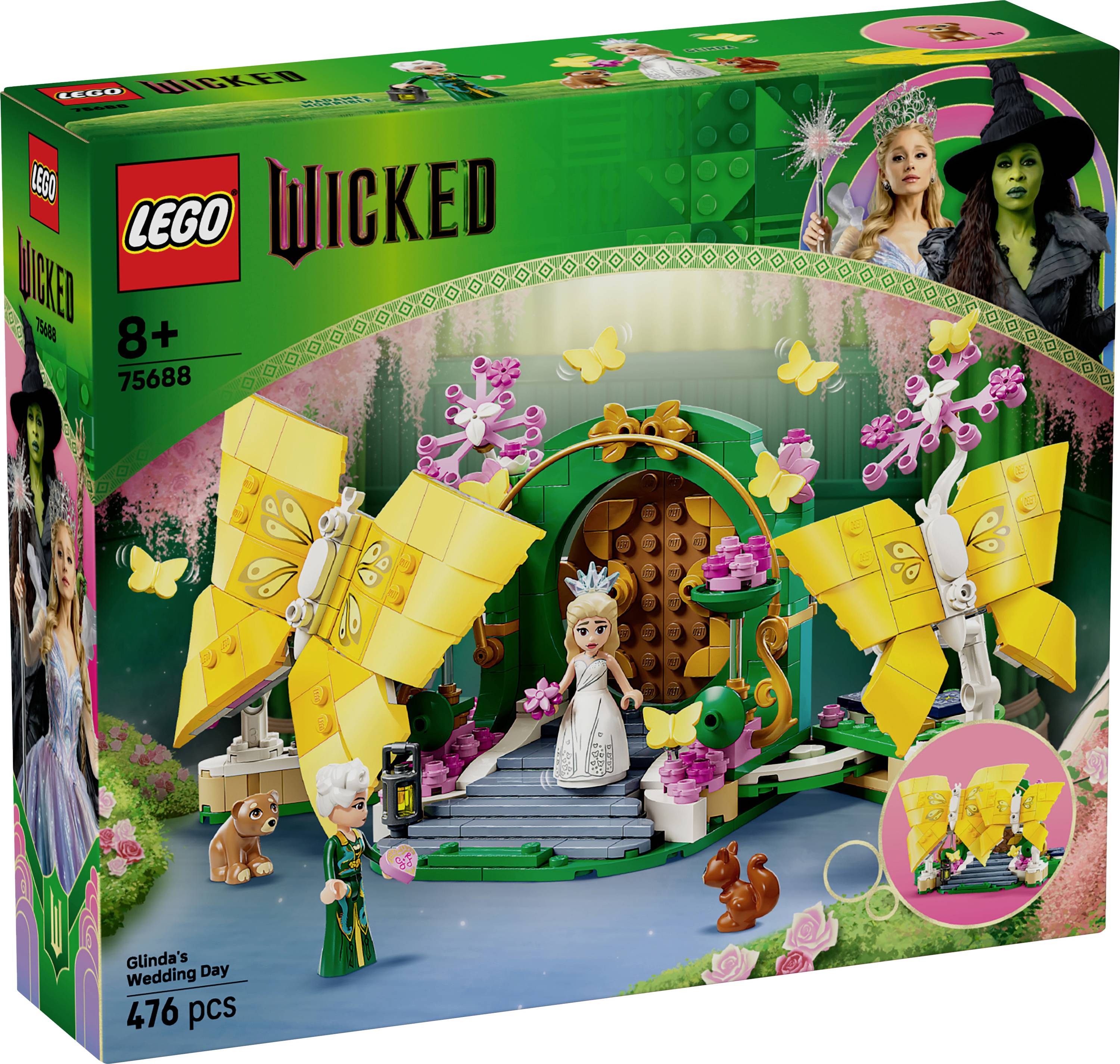 LEGO set 'Wicked' s Glindou na jej svadbe. Obsahuje Glindinu minifigúrku, motýle, zvieratá a kvetinový oblúk s 476 dielikmi.
