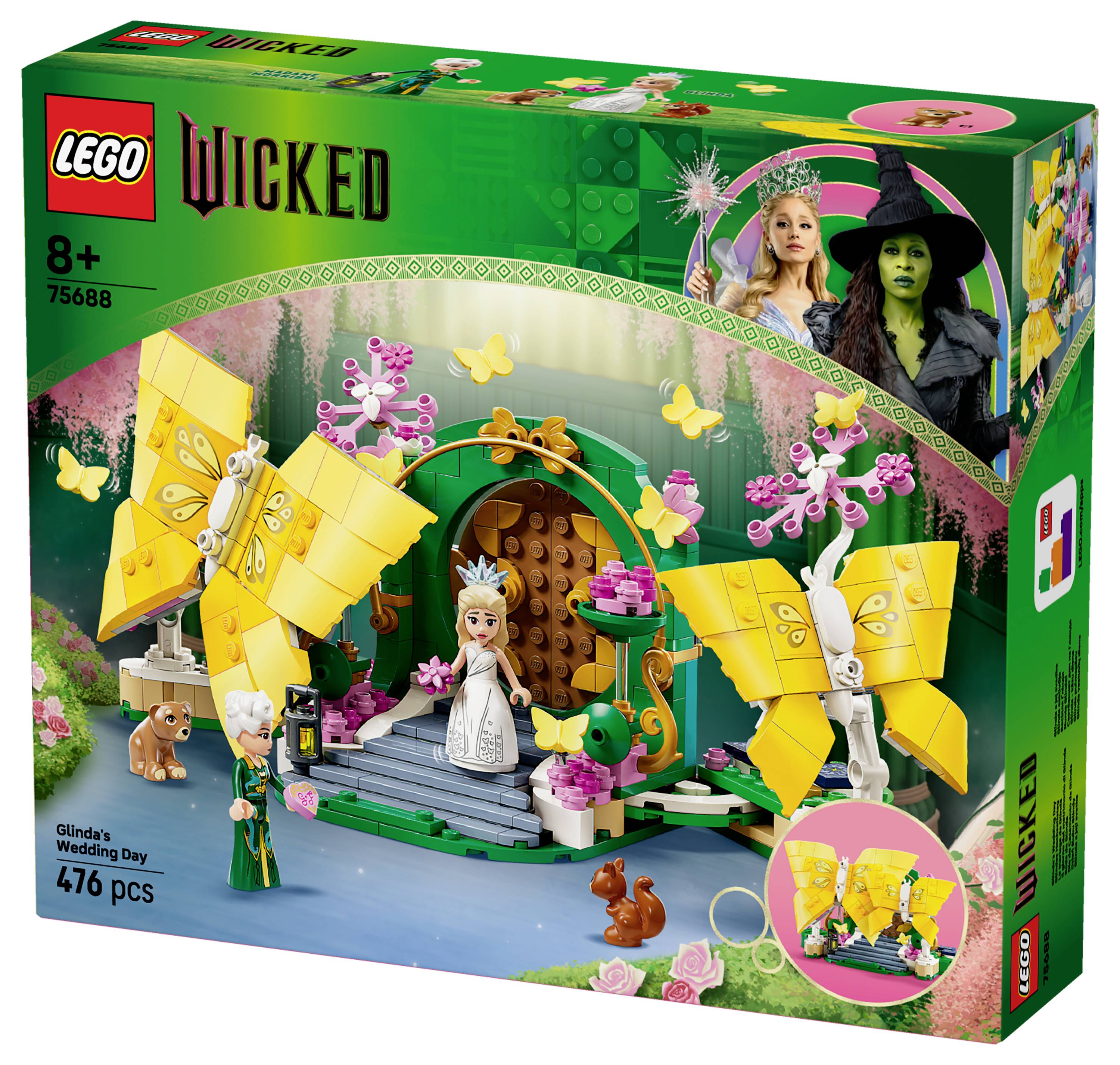 LEGO sada svadobného dňa Glindy z 'Wicked', obsahujúca postavu Glindy, žltú motýľovú štruktúru a zelené prostredie s dekoratívnymi detailmi.