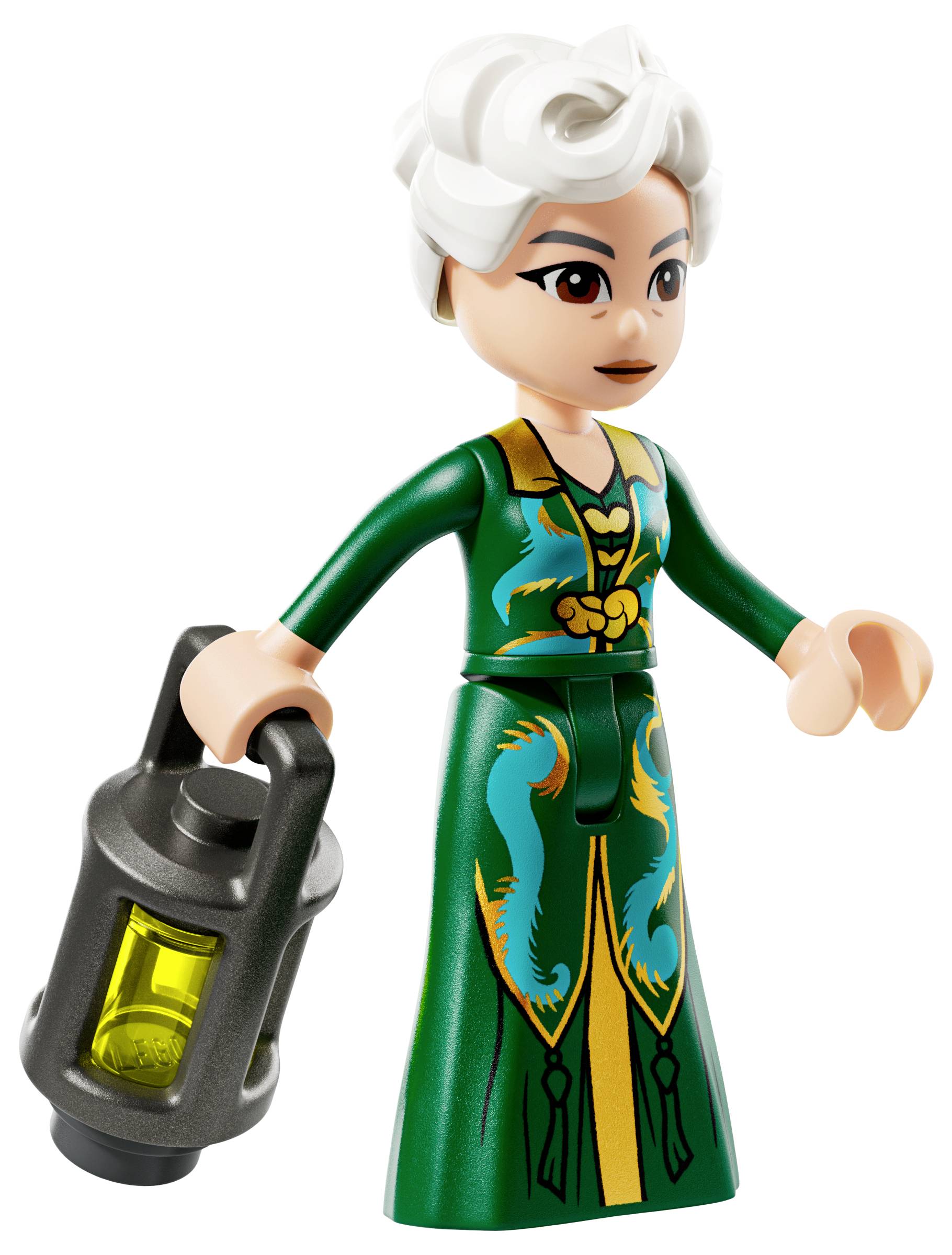 Figúrka LEGO s bielymi vlasmi v zelenej robe držiaca lampáš, predstavujúca postavu alebo fantasy tému.