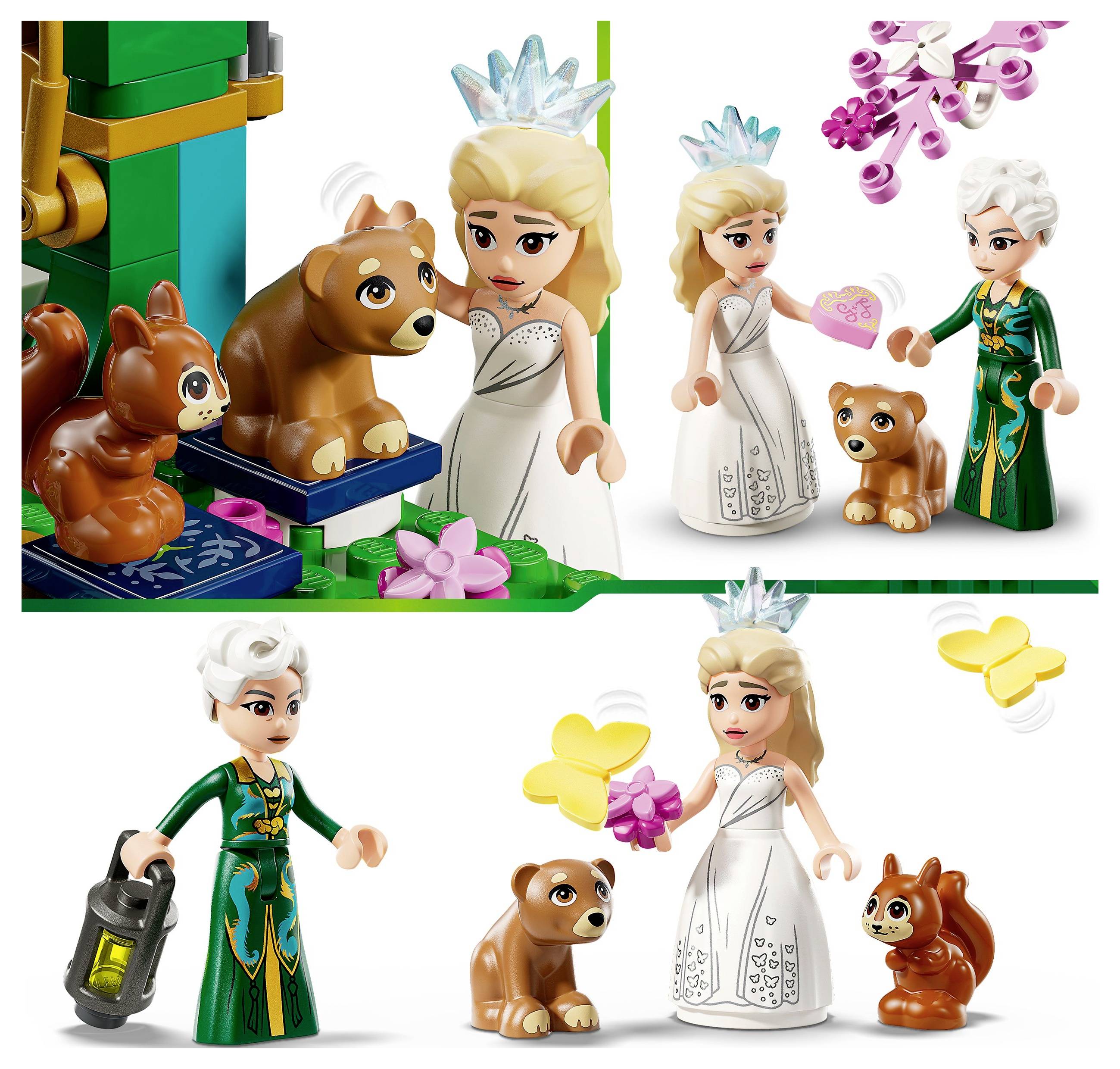 Dve figúrky LEGO s korunkami sa stretávajú so dvoma veveričkami a medveďom na lesnom pozadí. Jedna postava drží srdce.