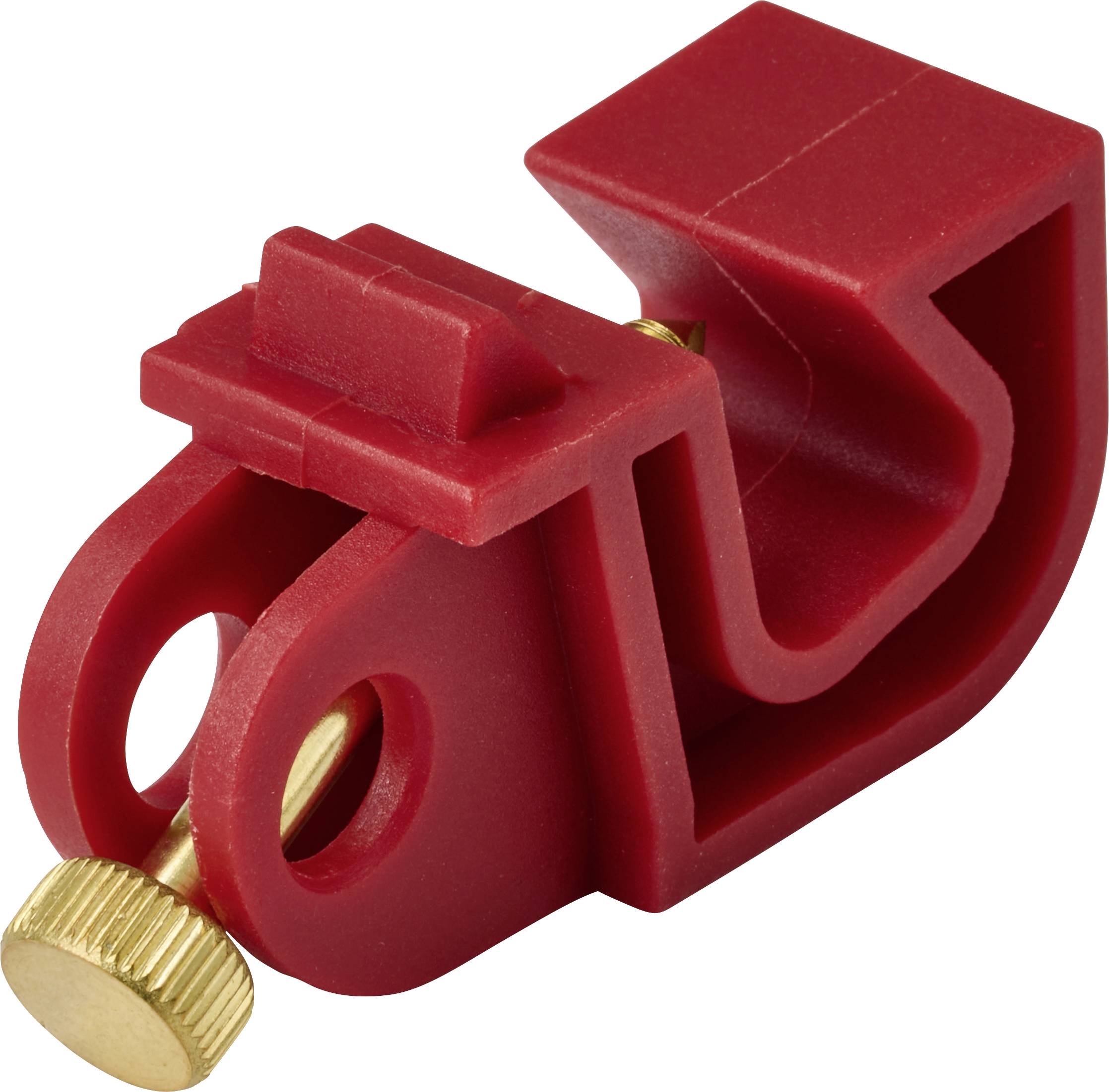 Červená plastová svorka na rúrky Pex so mosadzným skrutkou, používaná na upevnenie potrubia v inštalatérskych prácach.