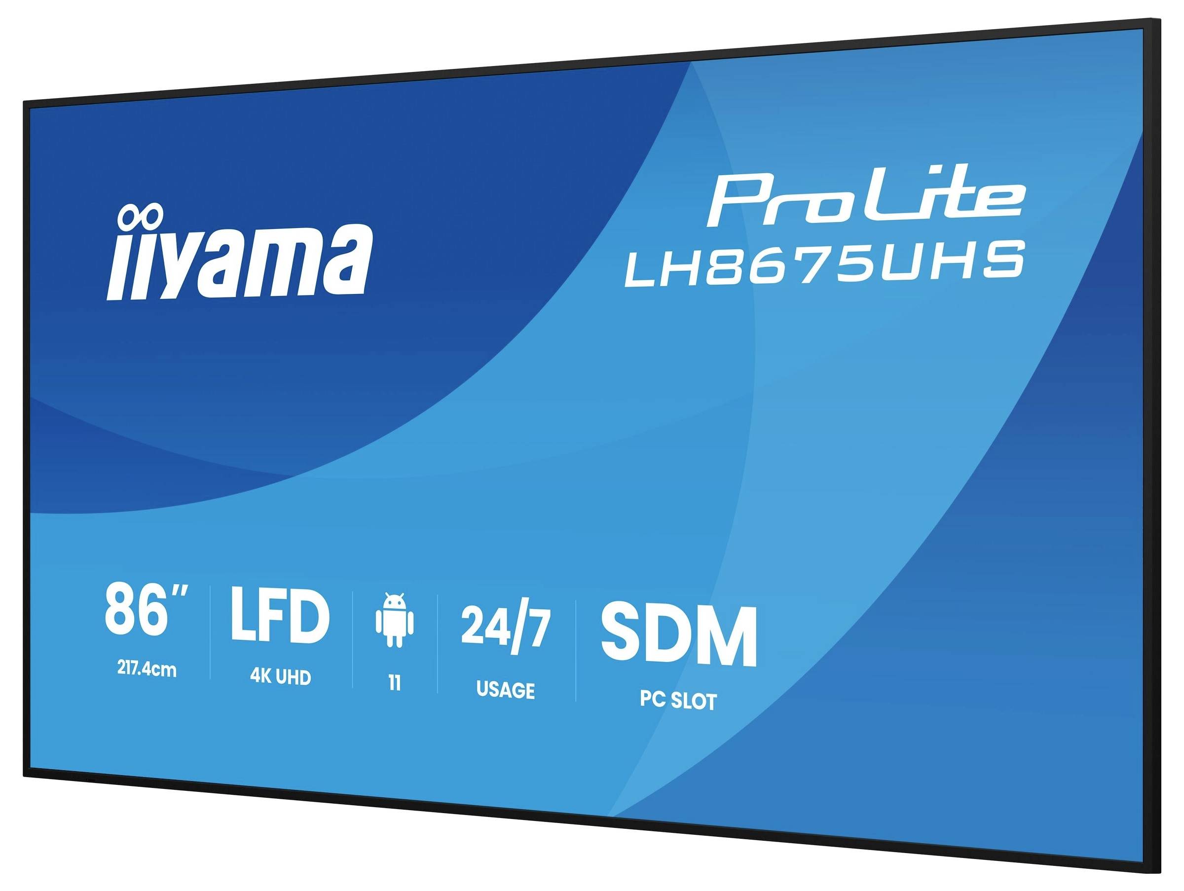 Modrý digitálny displej s modelom 'iiyama ProLite LH8675UHS' prezentuje kľúčové vlastnosti: 86-palcová obrazovka, 4K UHD, Android 11, nepretržitá 24/7 prevádzka, SDM PC slot.