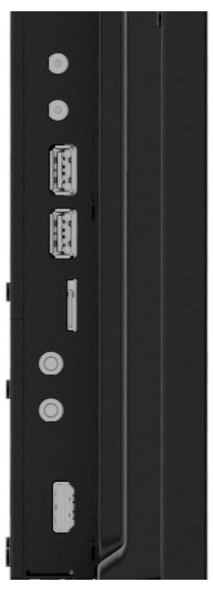 Pohľad z bočnej strany čierneho elektronického zariadenia s viacerými portmi: USB, HDMI a tlačidlami.
