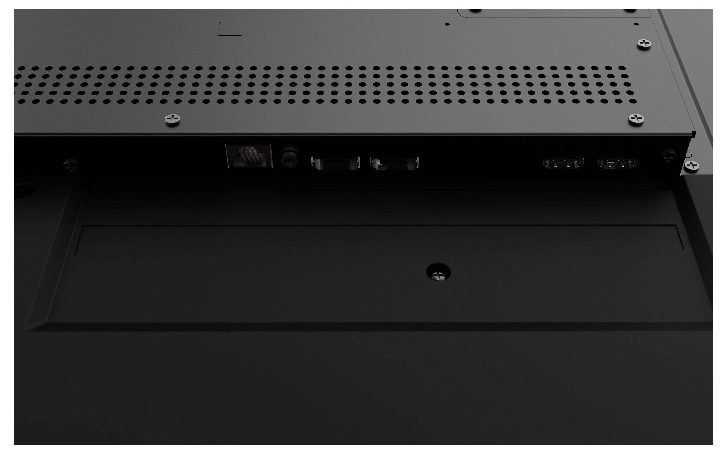 Zadný pohľad na elektronické zariadenie zobrazujúci konektory pre pripojenie, vrátane ethernetového, HDMI a napájacích konektorov.