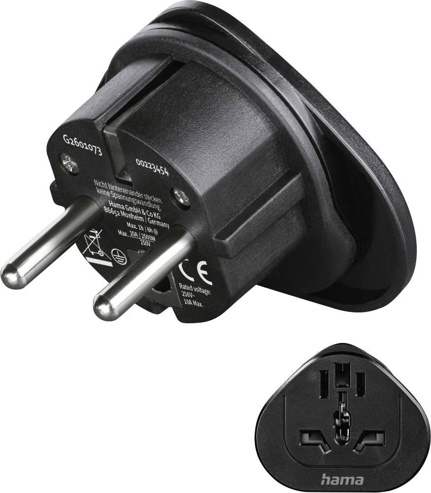 Hama 00223454 Adattatore da viaggio Reiseadapter Typ E und F, 3-polig, universal, Welt nach Europa, Schwarz