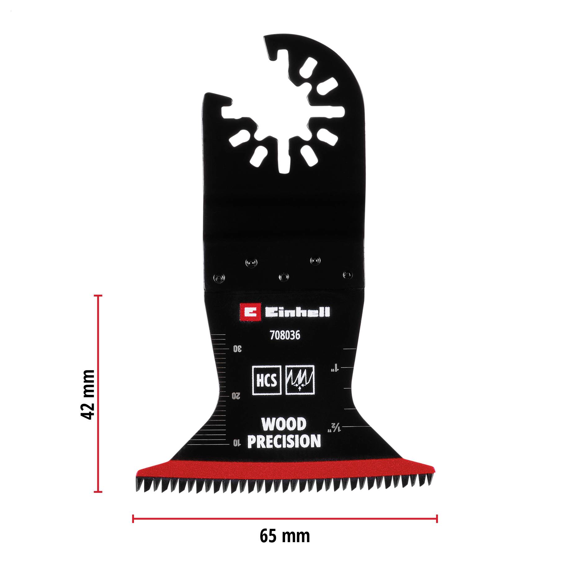 Pilové čepele s nápisom "Einhell", "WOOD PRECISION", výška 42 mm, šírka 65 mm. Čierny dizajn s červeným okrajom.