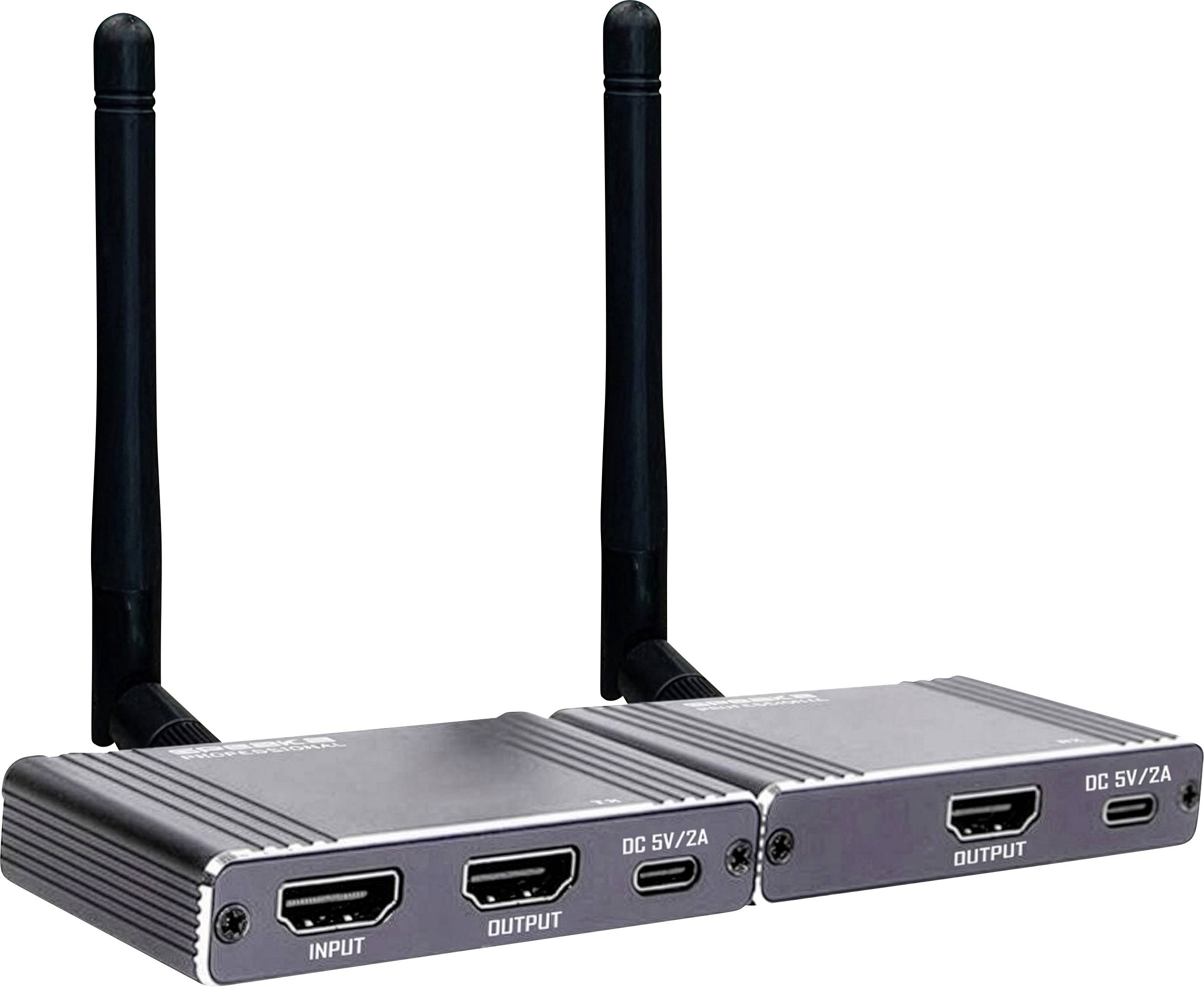 Dva bezdrôtové HDMI vysielače s duálnymi anténami, každý po jednej. Jedna jednotka označená ako "Input" a druhá ako "Output", vybavené HDMI a DC 5V/2A portmi.