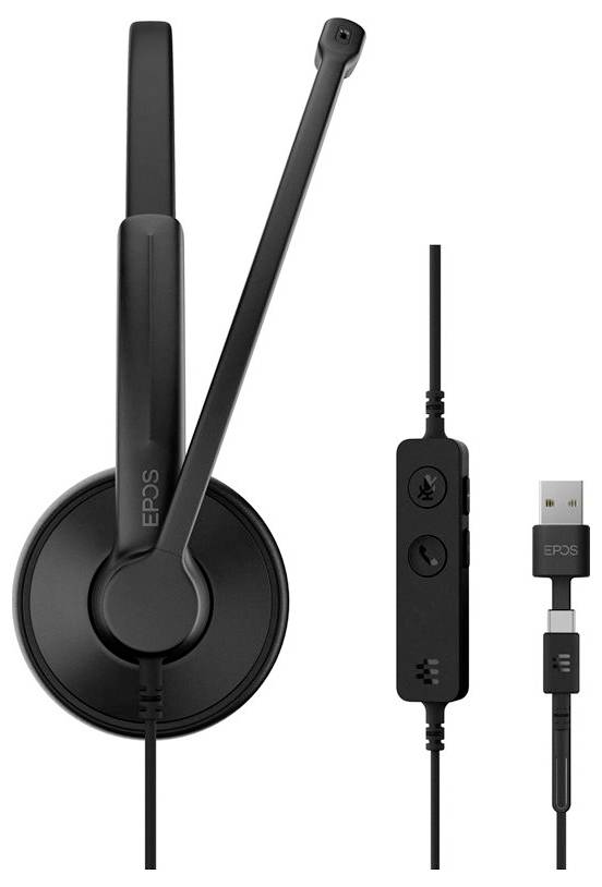 Čierna náhlavná súprava s mikrofonovou konzolou, ovládacou jednotkou na kábli a USB konektorom, navrhnutá pre jasný zvukový prenos komunikácie.