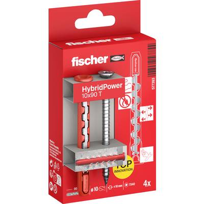 Red Fischer fischer HybridPower kotviaci balík zobrazujúci rez stenou zasunutej zásuvky a skrutky, označený „HybridPower 10x90 T" a „4x".