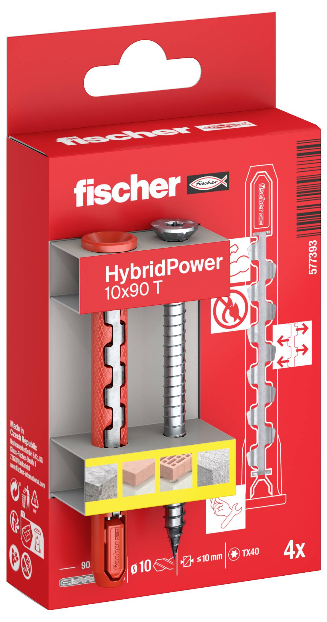 Obrázok zobrazuje červenú krabičku Fischer označenú ako 'HybridPower 10x90 T'. Obsahuje štyri kovové a plastové skrutky určené na upevnenie ťažkých predmetov.