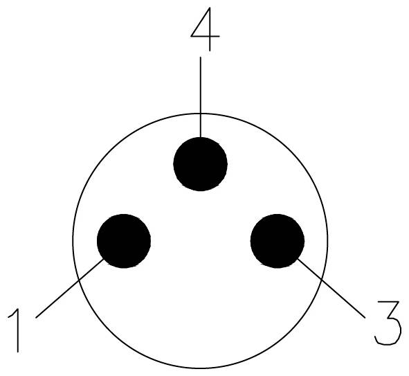 Diagram zásuvky v kruhovom tvare s tromi okrúhlymi polohami pinov, označenými 1, 3 a 4, znázorňujúci konfiguráciu pinov.