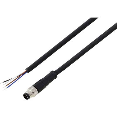 Čierny kábel s kovovým konektorom na jednom konci a odhalenými, farebne rozlíšenými vodičmi na druhom konci, používaný na elektronické prepojenia.