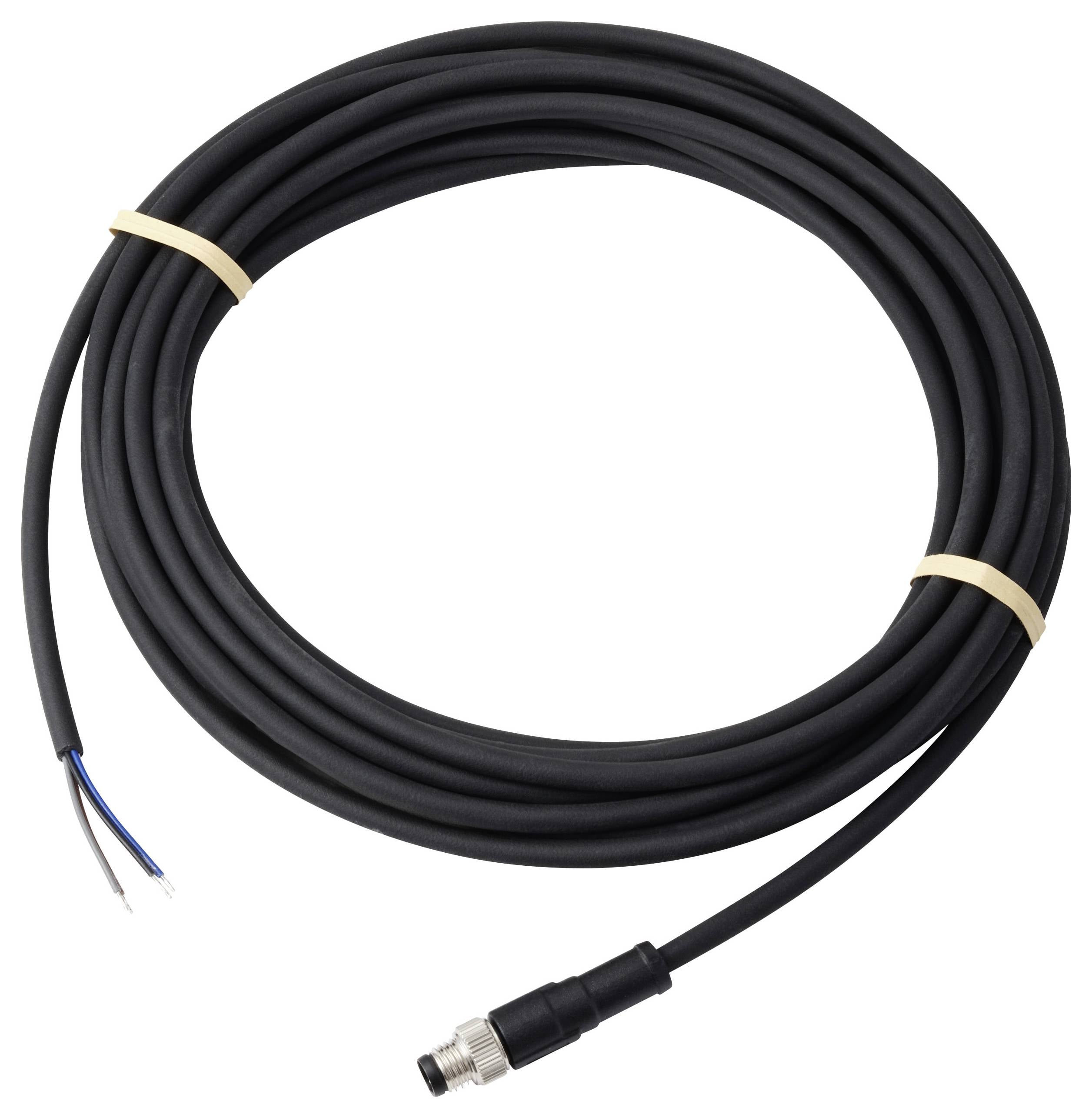 Stočený čierny elektrický kábel s odhaleným vodičom na jednom konci a konektorom na druhom, zaistený hnedými páskami na dvoch miestach.