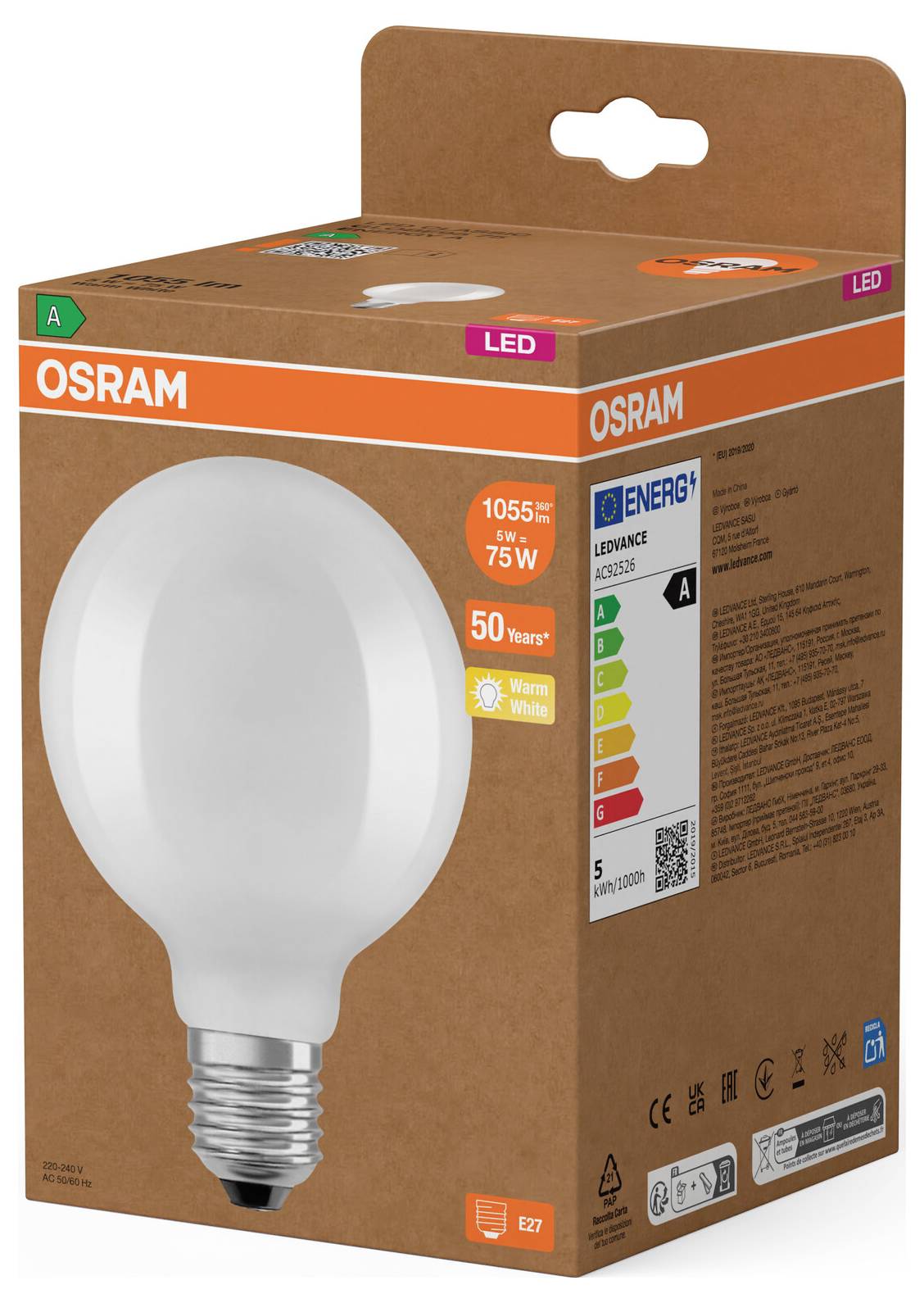 OSRAM LED žiarovka - box s obrázkom bielej žiarovky, "1055 lm 75W", teplá biela, energetická trieda A.