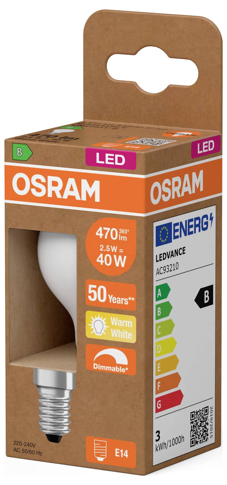 Krabica OSRAM LED žiarovky na päťku E14, 2,5 W ekvivalent 40 W, teplá biela, stmievateľná, energetická trieda B.
