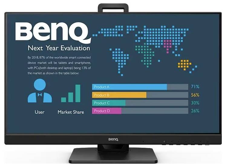 Monitor zobrazujúci prezentáciu spoločnosti BenQ s názvom 'Hodnotenie na budúci rok' s grafom trhových podielov produktov: A 71 %, B 56 %, C 30 %, D 26 %.