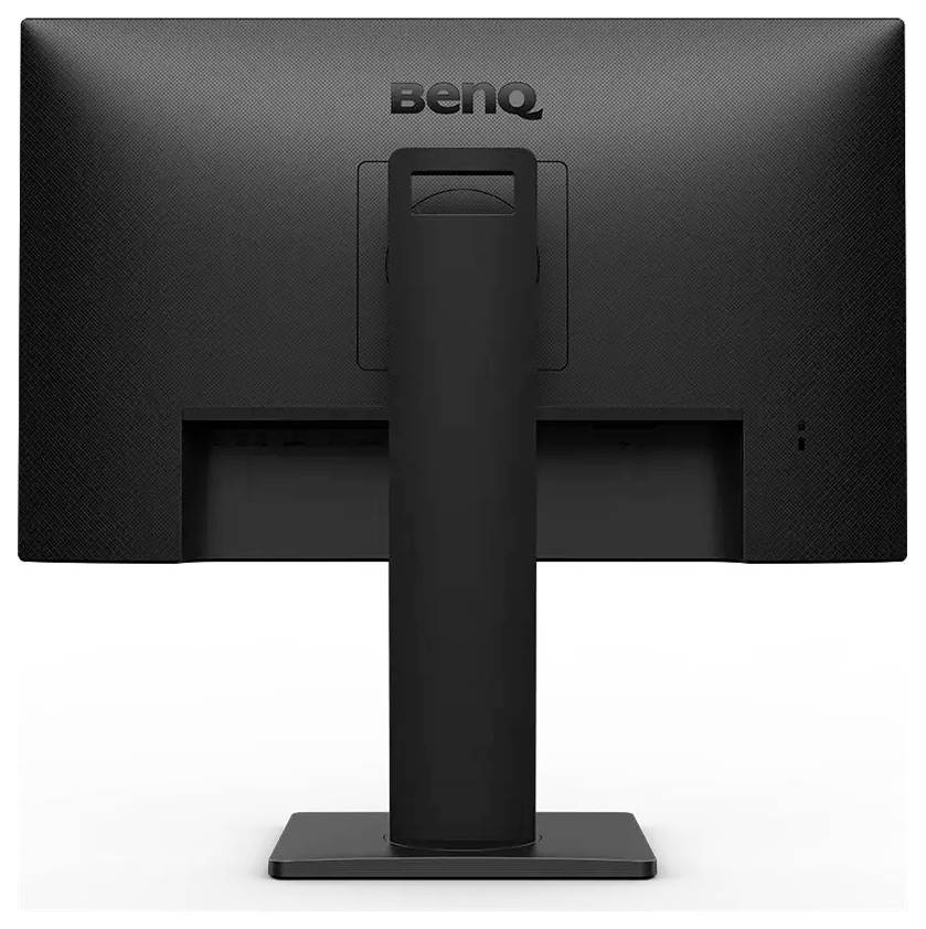 Obrázok zobrazuje zadný pohľad na počítačový monitor značky BenQ na obdĺžnikovom stojane, pričom zvýrazňuje jeho elegantný, minimalistický dizajn.