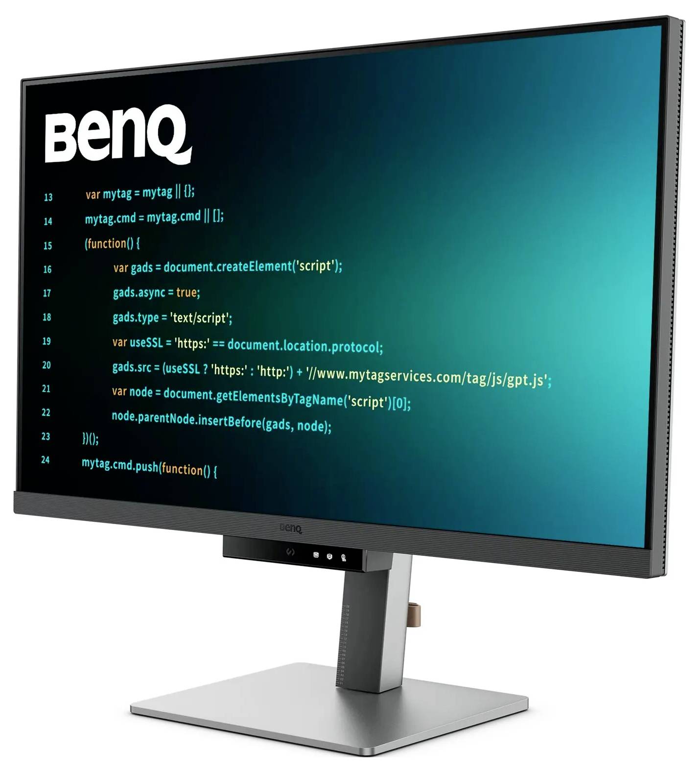 Monitor značky BenQ zobrazuje počítačový kód s JavaScriptovou syntaxou a funkciou súvisiacou s nastavením Google Ads na gradientovom pozadí.