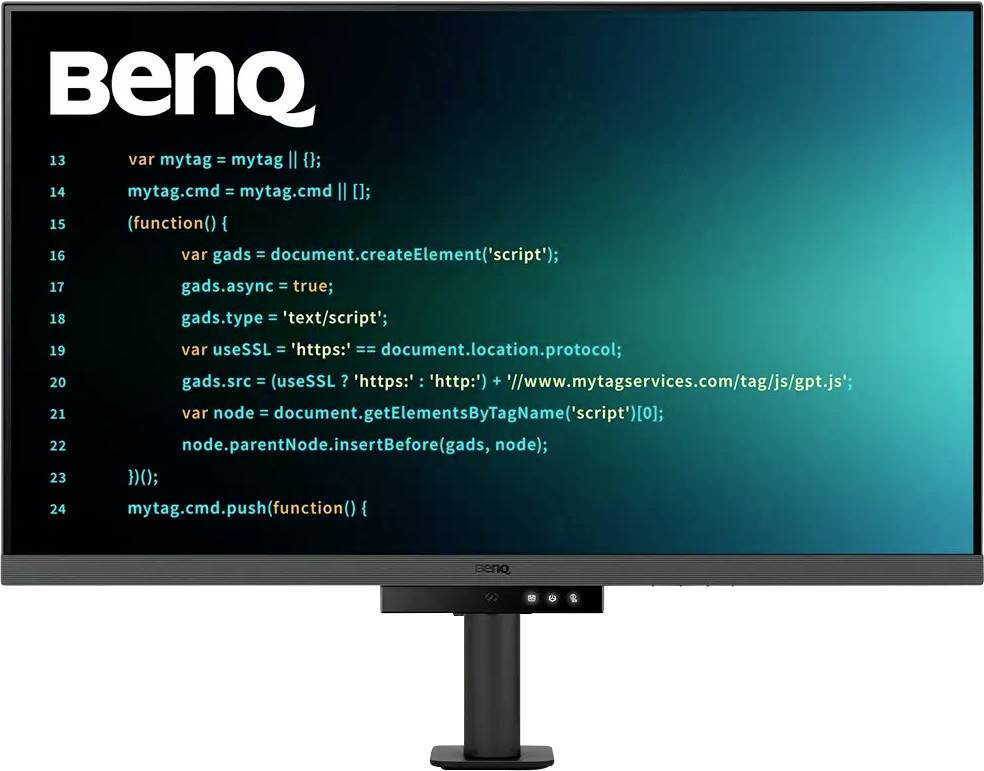 Monitor počítača zobrazujúci editor kódu s JavaScriptovým kódom na modro-zelenej pozadí. Monitor má na sebe značku 'BenQ'.