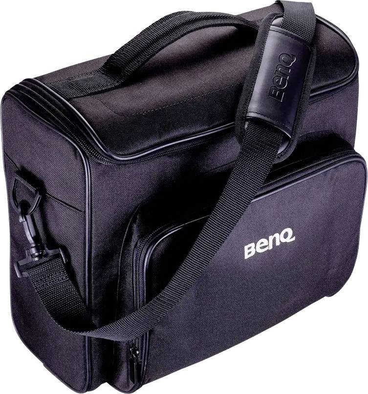 Čierna brašňa na fotoaparát značky BenQ s ramenným popruhom je zobrazená na bielom pozadí.