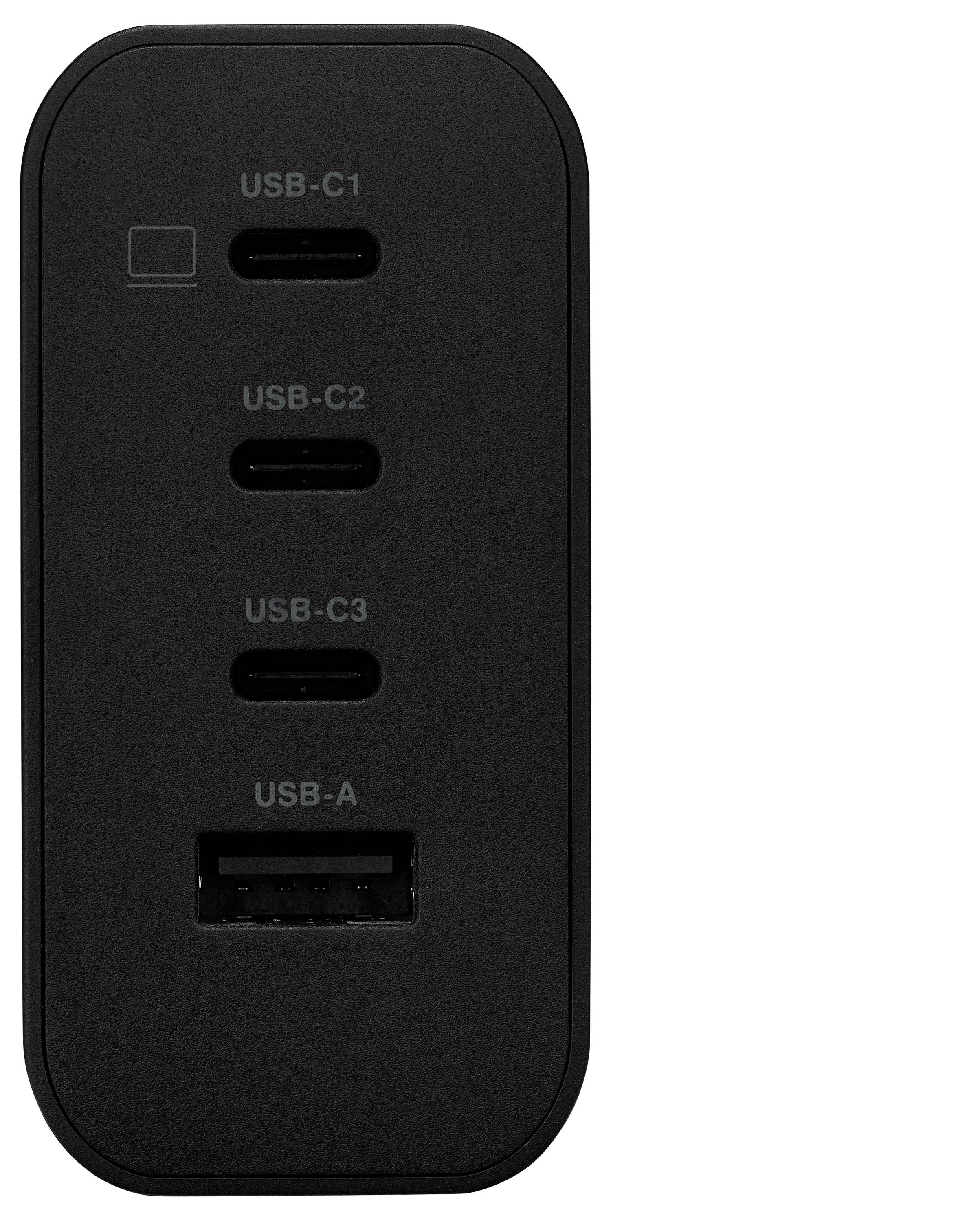 Čierny viacportový nabíjací adaptér s tromi USB-C portami označenými 'USB-C1', 'USB-C2', 'USB-C3' a jedným USB-A portom, určený na nabíjanie zariadení.