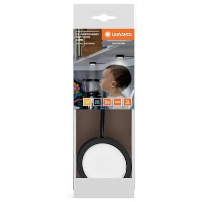 Balenie produktu pre LED bodové svetlá LEDVANCE: stropne namontované okrúhle LED svetlo zobrazené v miestnosti s označeniami zvýrazňujúcimi '3x' a 3000K teplú bielu svetlú.