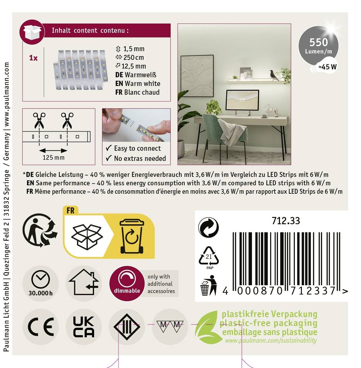 Paulmann LED Strip Erweiterung 2,5m Warmweiß 71233 LED pásik konektor 24 V/DC 2.5 mm teplá biela-7