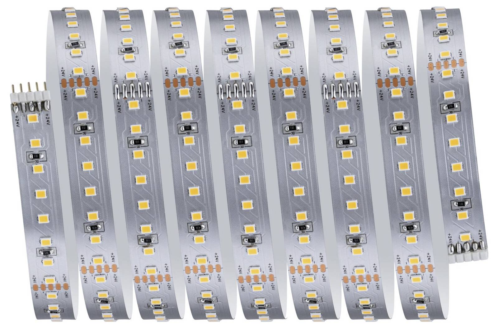 Navinutý LED svetelný pás so stĺpcami malých žltých LED diód a konektorov, určený pre flexibilné osvetlenie v interiéri alebo dekoratívnych priestoroch.