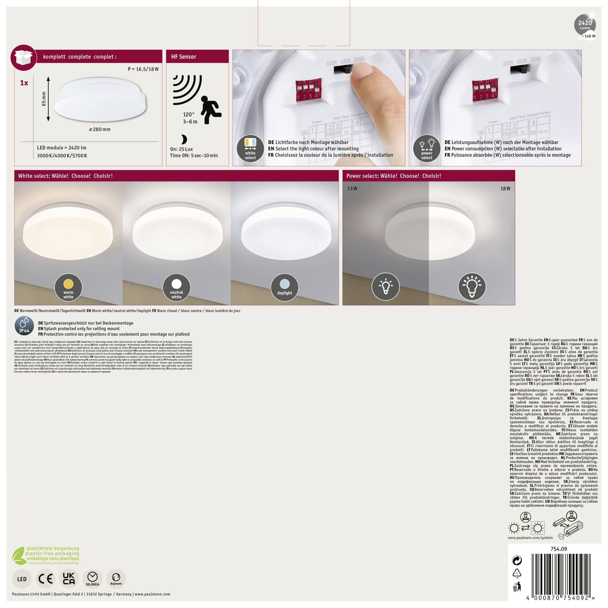 Paulmann 75409 Luiana Dämmerungsgesteuerter Bewegungsmelder (HF) stropné svetlo LED 16.5 W biela-9