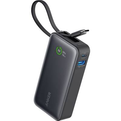 Čierny Anker power bank s pripojeným nabíjacím káblom, digitálny displej zobrazuje '88%' a zostávajúci čas nabíjania.