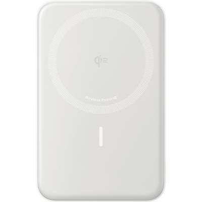 Biela bezdrôtová nabíjačka s logom 'Qi2' a textom 'Wireless PowerIQ', s kruhovým dizajnom vyznačujúcim oblasť nabíjania.