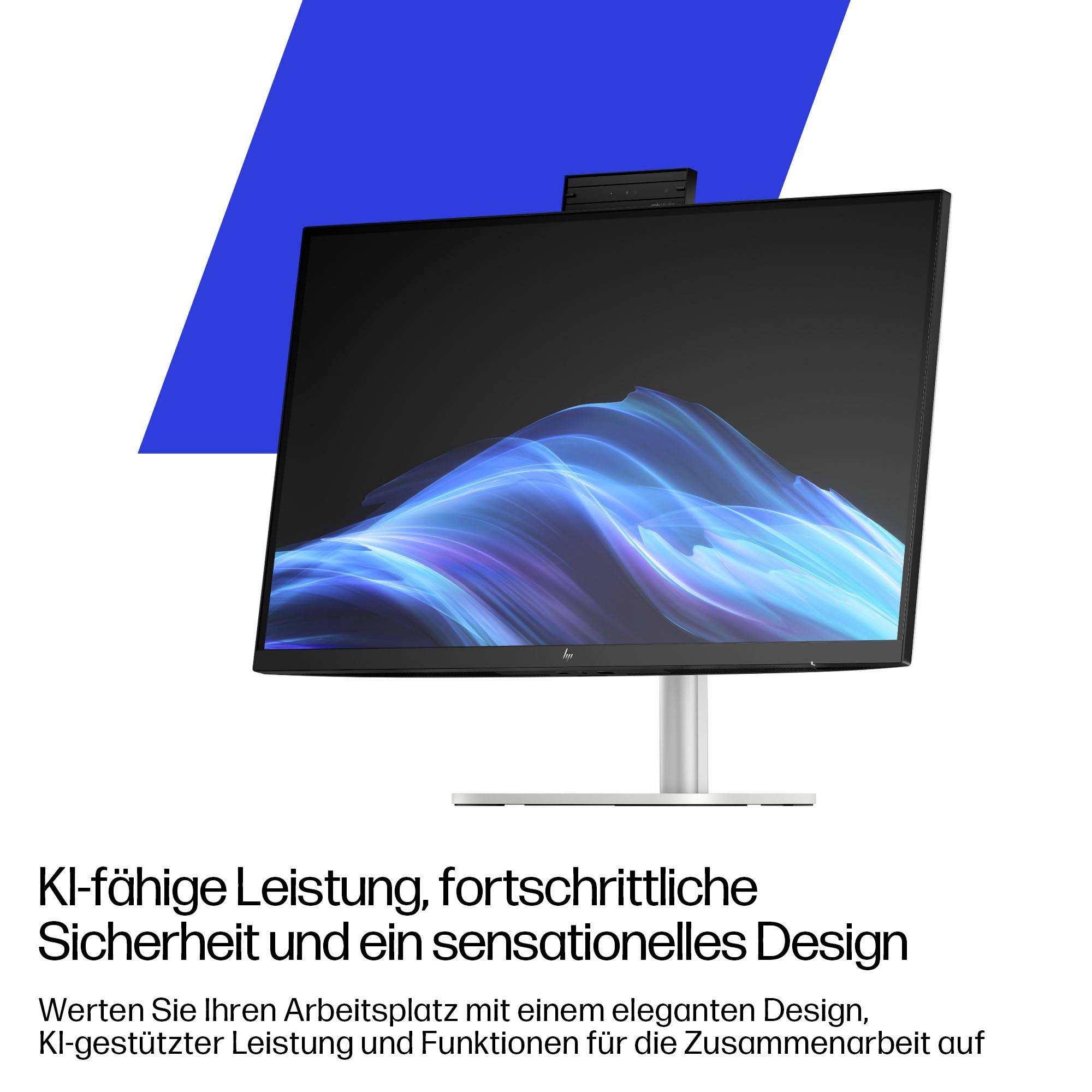 Elegantný počítačový monitor so živými modrými vlnovými grafikami na obrazovke. Text znie: "Výkon umelej inteligencie, pokročilá bezpečnosť a výnimočný dizajn."