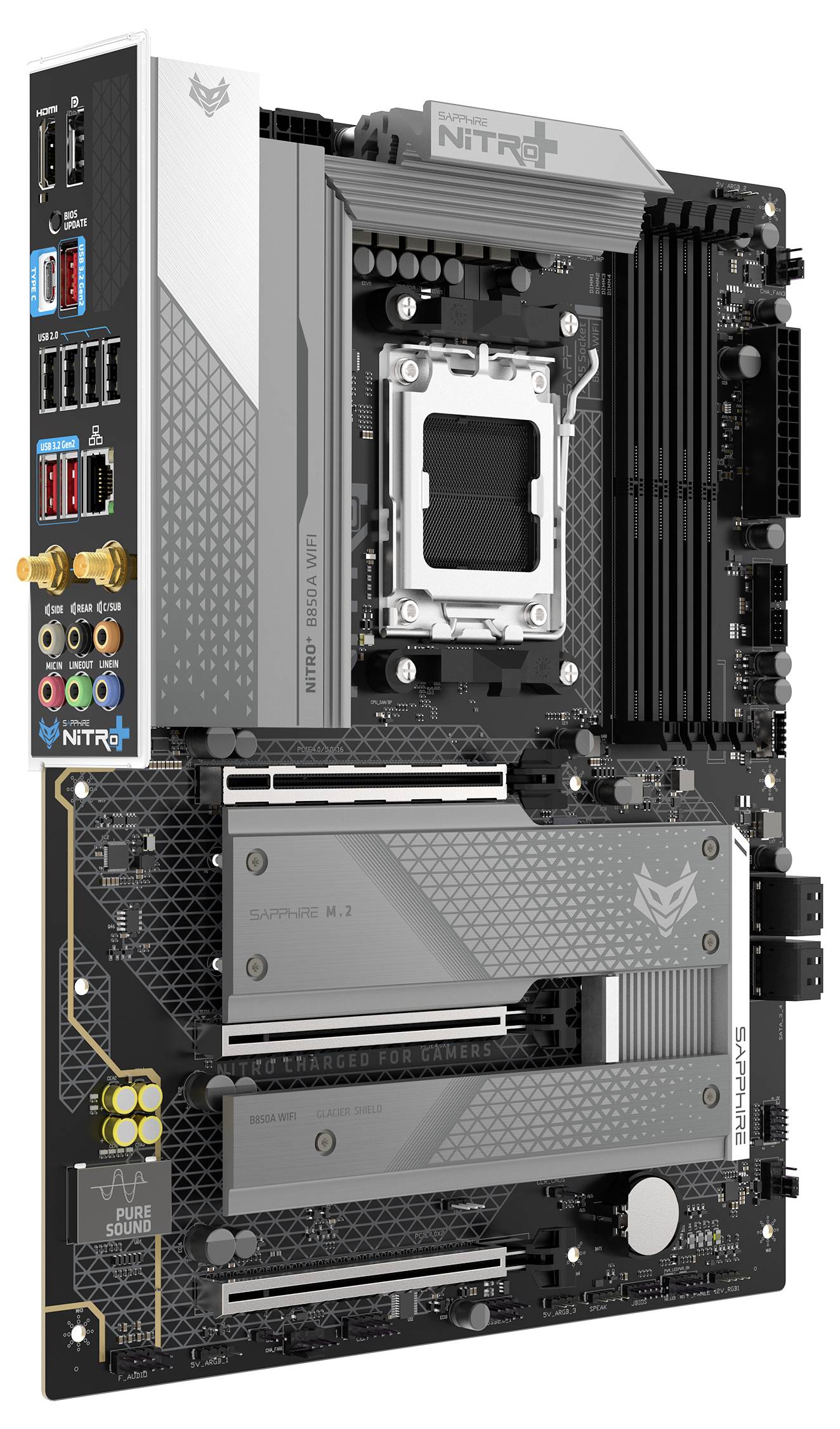 Počítačová základná doska s PCIe slotmi, slotmi pre RAM, socketom pre CPU, USB portami a audio jackami. Kľúčové komponenty sú označené pre montáž.