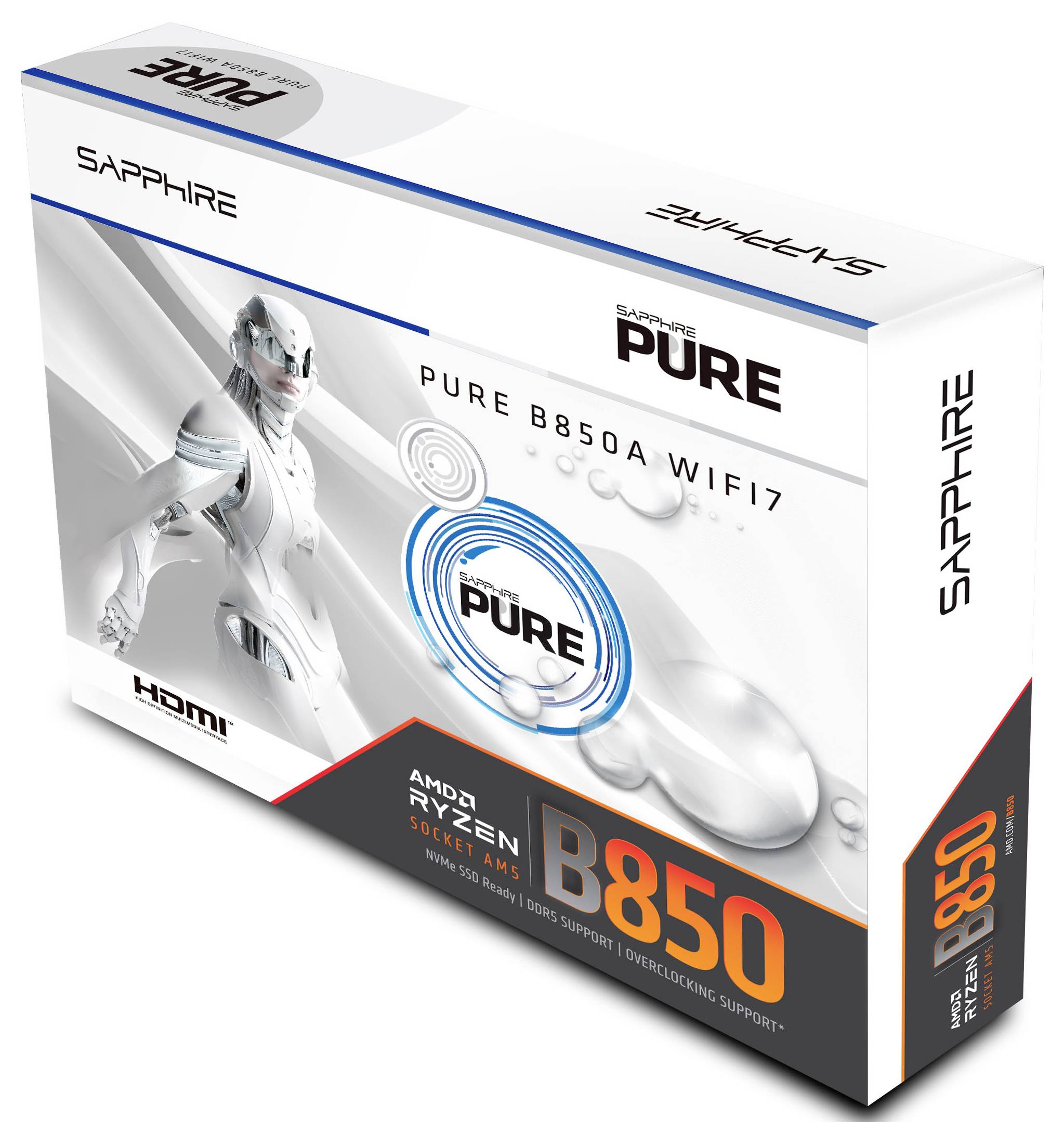 Balenie pre matičnú dosku Sapphire Pure B850A WiFi7 s abstraktným robotickým dizajnom, podporou HDMI a kompatibilitou s AMD Ryzen.