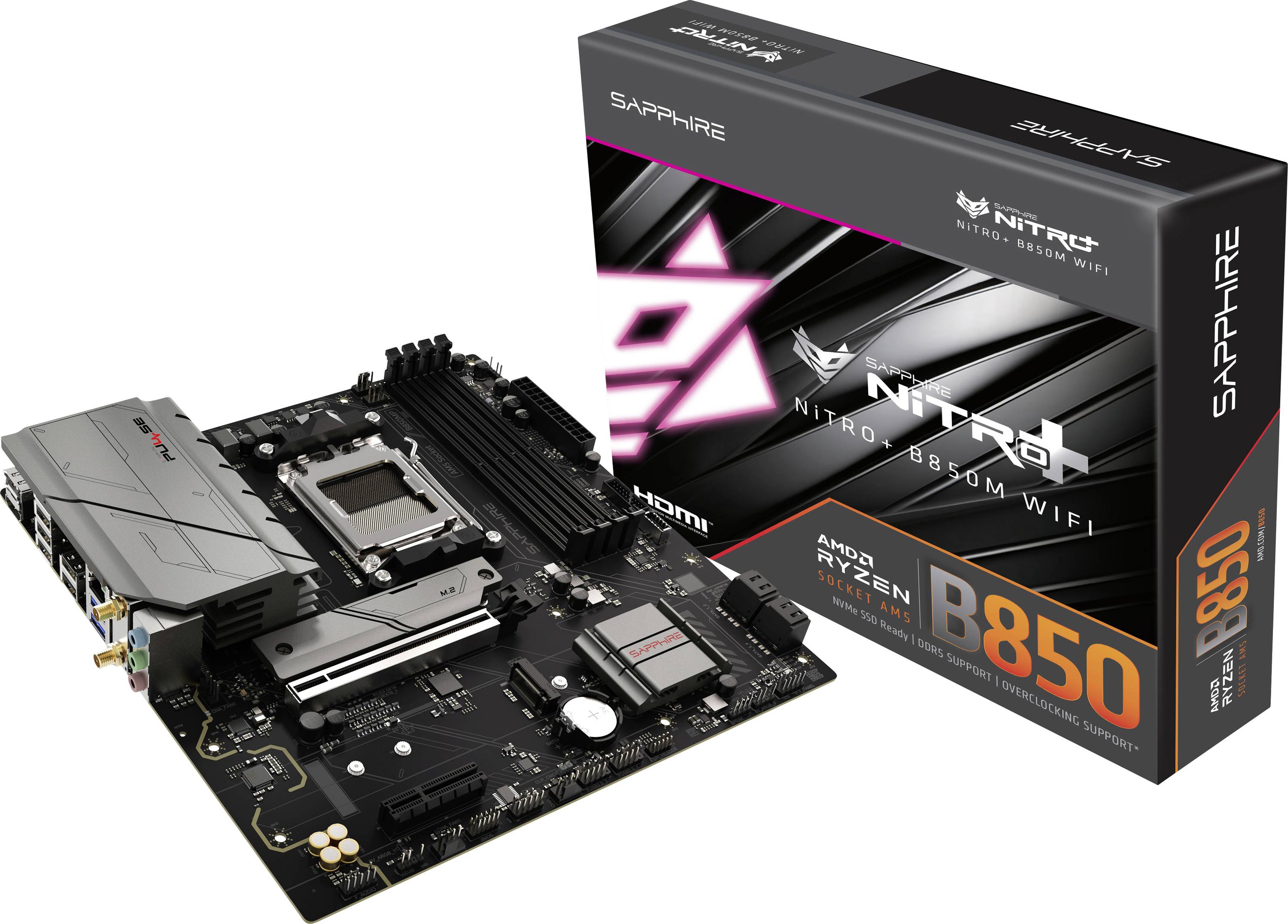 'Základná doska SAPPHIRE Nitro B850M WiFi kompatibilná s procesormi AMD Ryzen, s portmi HDMI a PCIe slotnmi, zobrazená vedľa jej originálnej škatule.'