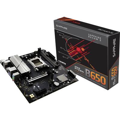 Základná doska AMD Ryzen B650M umiestnená vedľa svojho obalu, označená ako 'Sapphire B650M E', pričom je zdôraznená kompatibilita a značka.