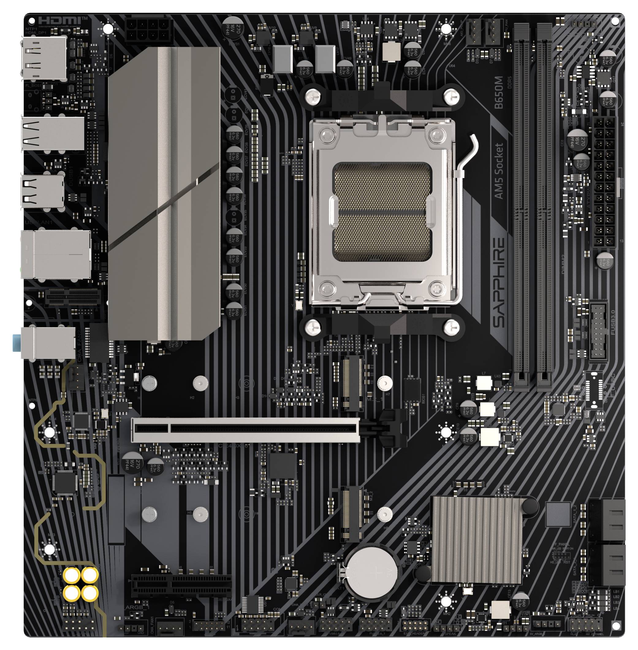 Počítačová základná doska s viditelnými socketmi, slotmi a portami. Obsahuje socket pre CPU, sloty pre RAM, PCIe sloty a rôzne konektory.