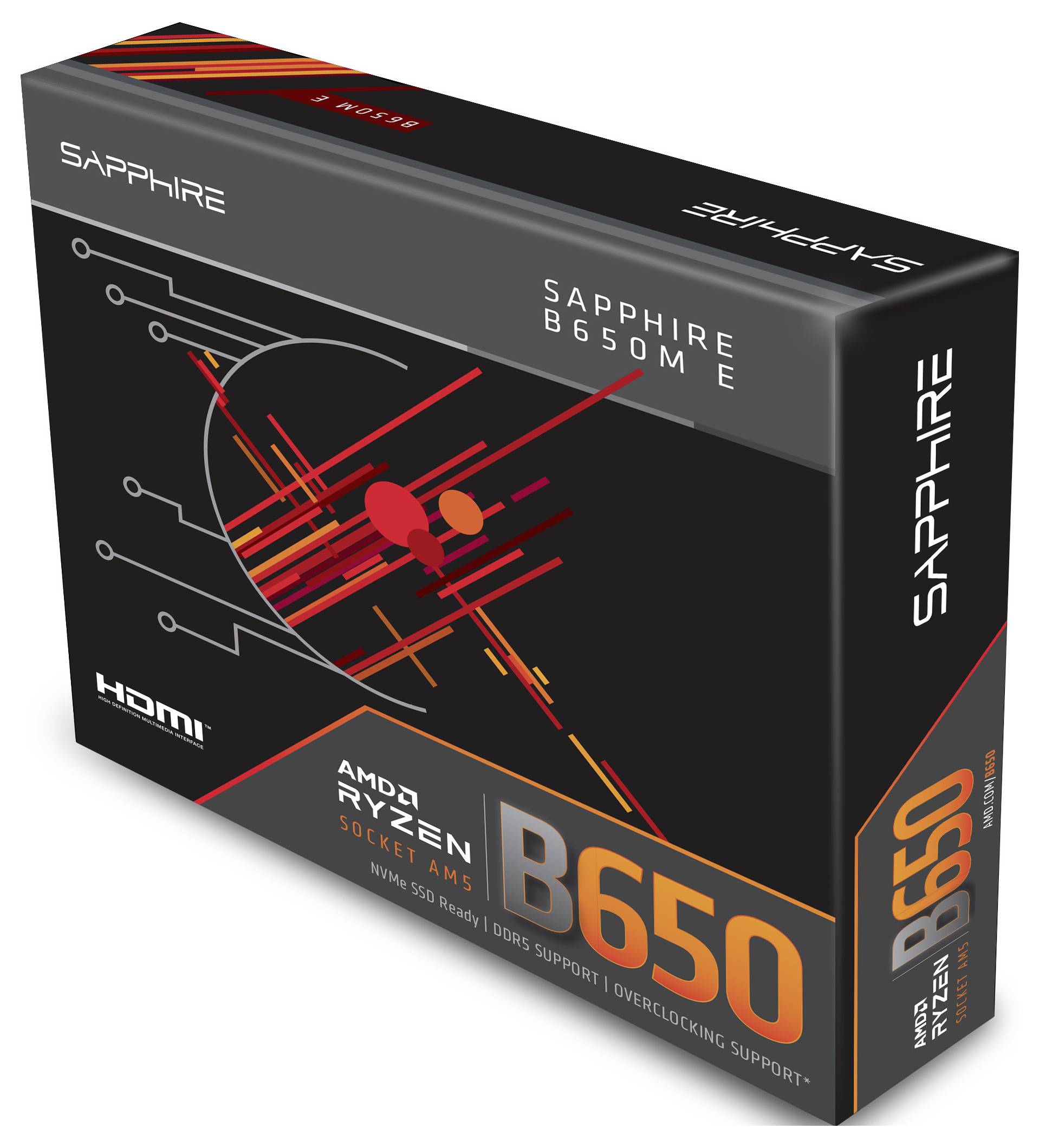 Základná doska Sapphire B650M E v krabici zobrazujúca značku, kompatibilitu s procesormi AMD Ryzen, podporu HDMI a funkcie ako DDR5 a pretaktovanie.