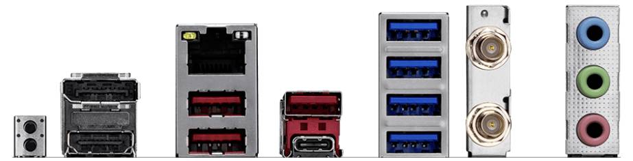 Séria počítačových portov vrátane audio konektorov, USB, Ethernetu, HDMI a displejových portov, pohľad z zadného panela počítača.