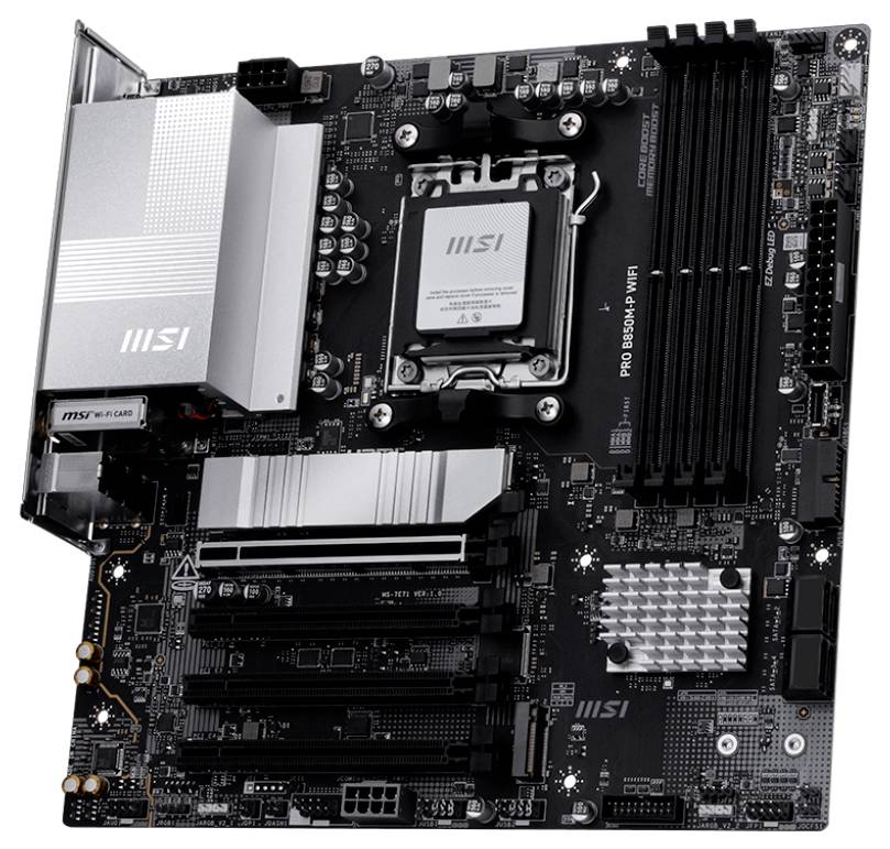 Čierna základná doska MSI so strieborným chladičom, ktorá obsahuje sloty pre RAM, CPU a rozširujúce karty, podporujúca rôzne počítačové komponenty.