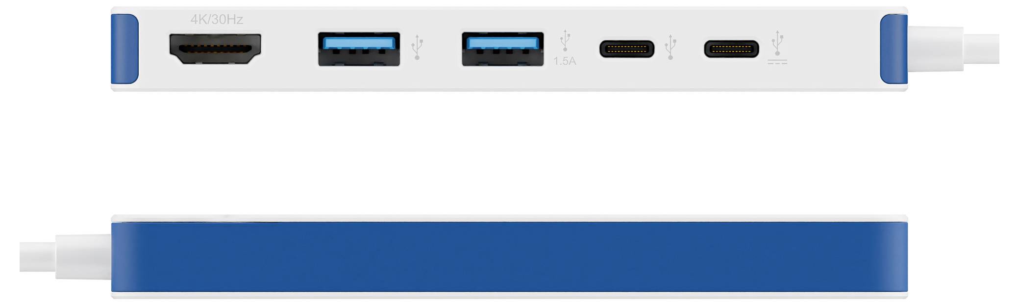 Biely a modrý viacportový adaptér s portmi HDMI, USB-A a USB-C, zobrazený z horného a bočného uhla.