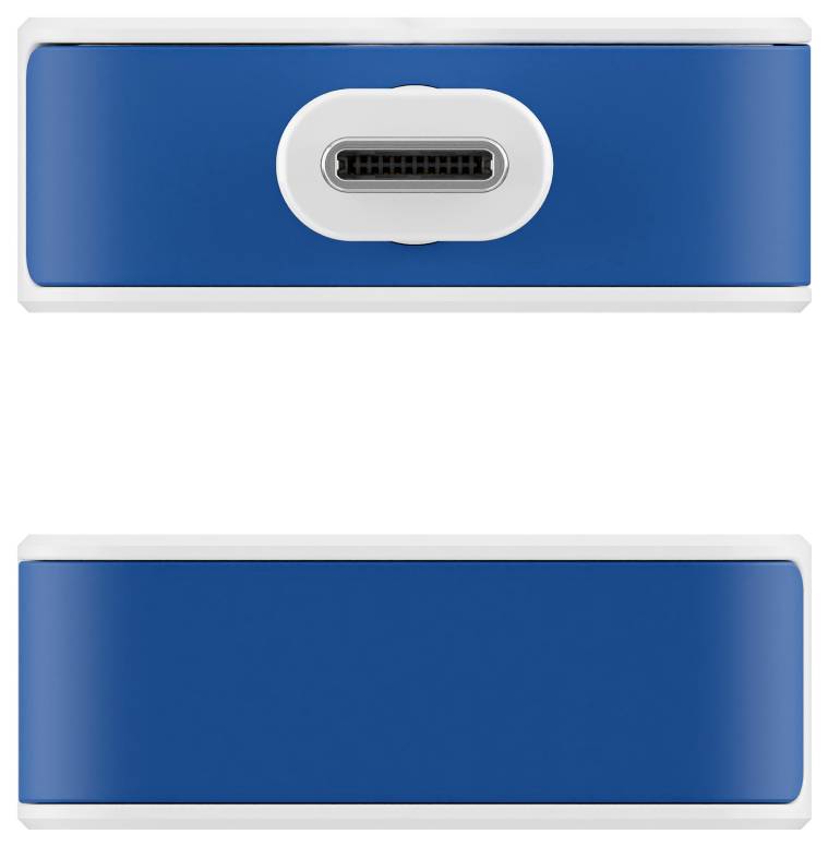Dva pohľady na modré zariadenie USB-C, ktoré zobrazuje port v hornej časti a hladký povrch v spodnej časti.