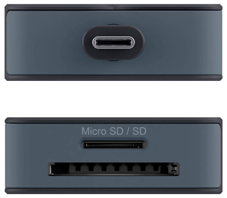 Kompaktné zariadenie s USB-C portom na vrchu a slotnm označeným 'Micro SD / SD' na spodnej strane, navrhnuté na čítanie kariet.