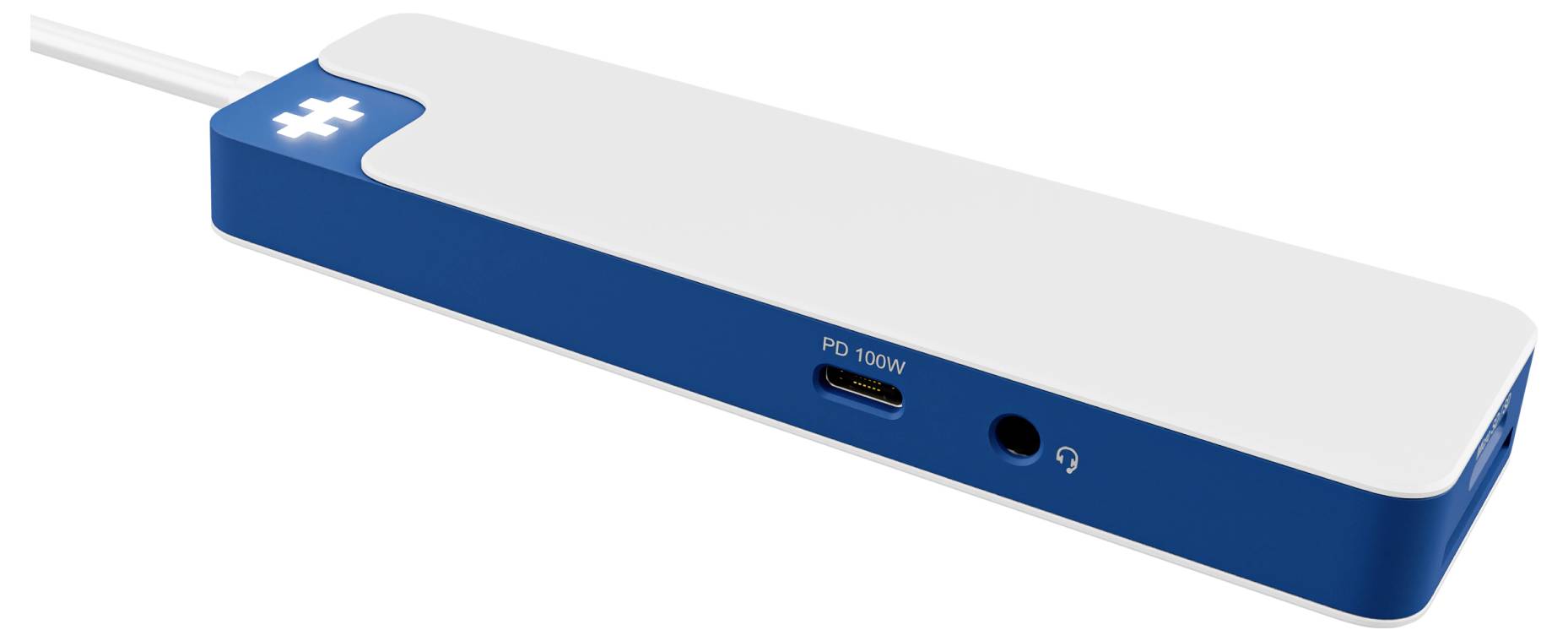 Štíhle elektronické zariadenie v modro-bielej farbe s USB-C portom označeným "PD 100W" a konektorom pre slúchadlá na bočnej strane.