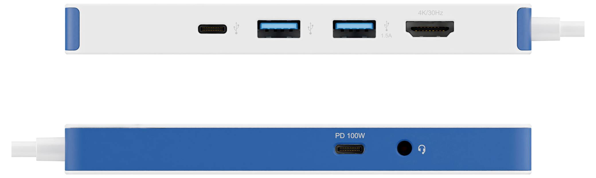 Pohľady zboku a zhora na elektronické zariadenie v modrej a bielej farbe s USB, HDMI a napájacími portami.