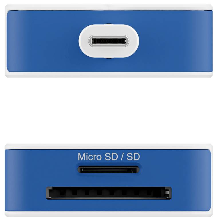 Modrý duálny adaptér s USB-C portom na vrchu a slotom na Micro SD/SD kartu na spodnej strane, označený ako Micro SD/SD, určený na prenos dát.