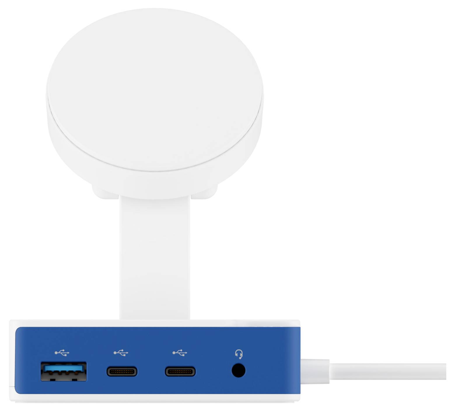 Biela okrúhla bezdrôtová nabíjačka umiestnená na modrom stojane s USB portami a slúchadlovým konektorom; umiestnená pred bielym pozadím.
