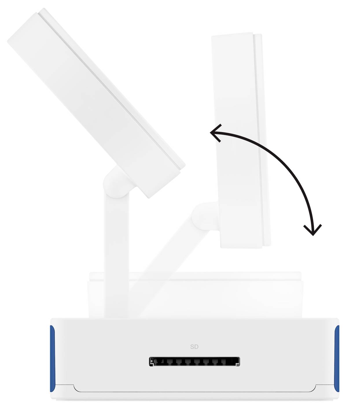 Diagram znázorňujúci monitor s ramenom s nastaviteľnou výškou a náklonom, zobrazený šípkou označujúcou smer pohybu.