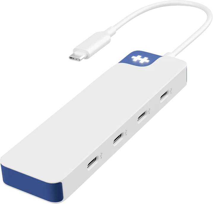 Biely a modrý USB-C hub so štyrmi portami a krátkym káblom zakončeným USB-C konektorom.
