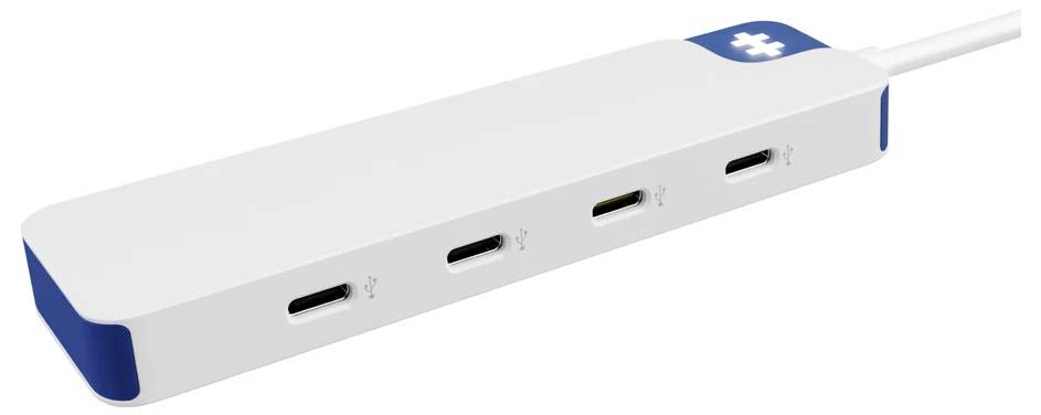Biely USB-C rozbočovač so štyrmi portami na boku a modrou ikonou skladačky na vrchu.